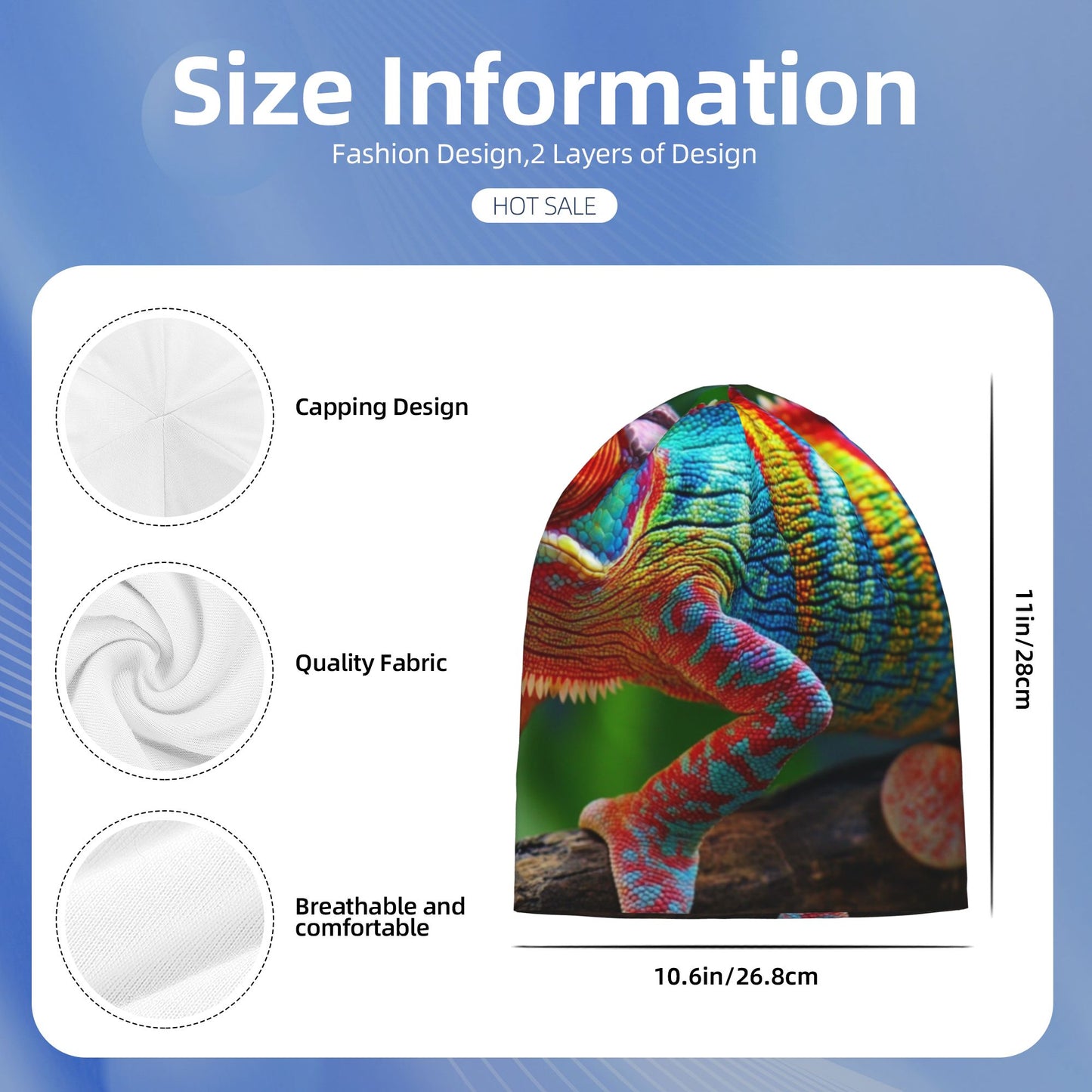 Colorful Chameleon Print Double-Layer Knit Beanie Hat – Stylish, Warm, Breathable and Comfortable Casual Fashion Accessory for Autumn, Winter, and Spring