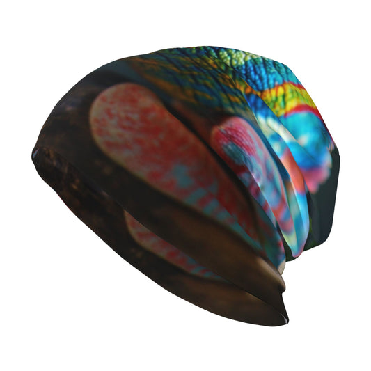 Colorful Chameleon Print Double-Layer Knit Beanie Hat – Stylish, Warm, Breathable and Comfortable Casual Fashion Accessory for Autumn, Winter, and Spring