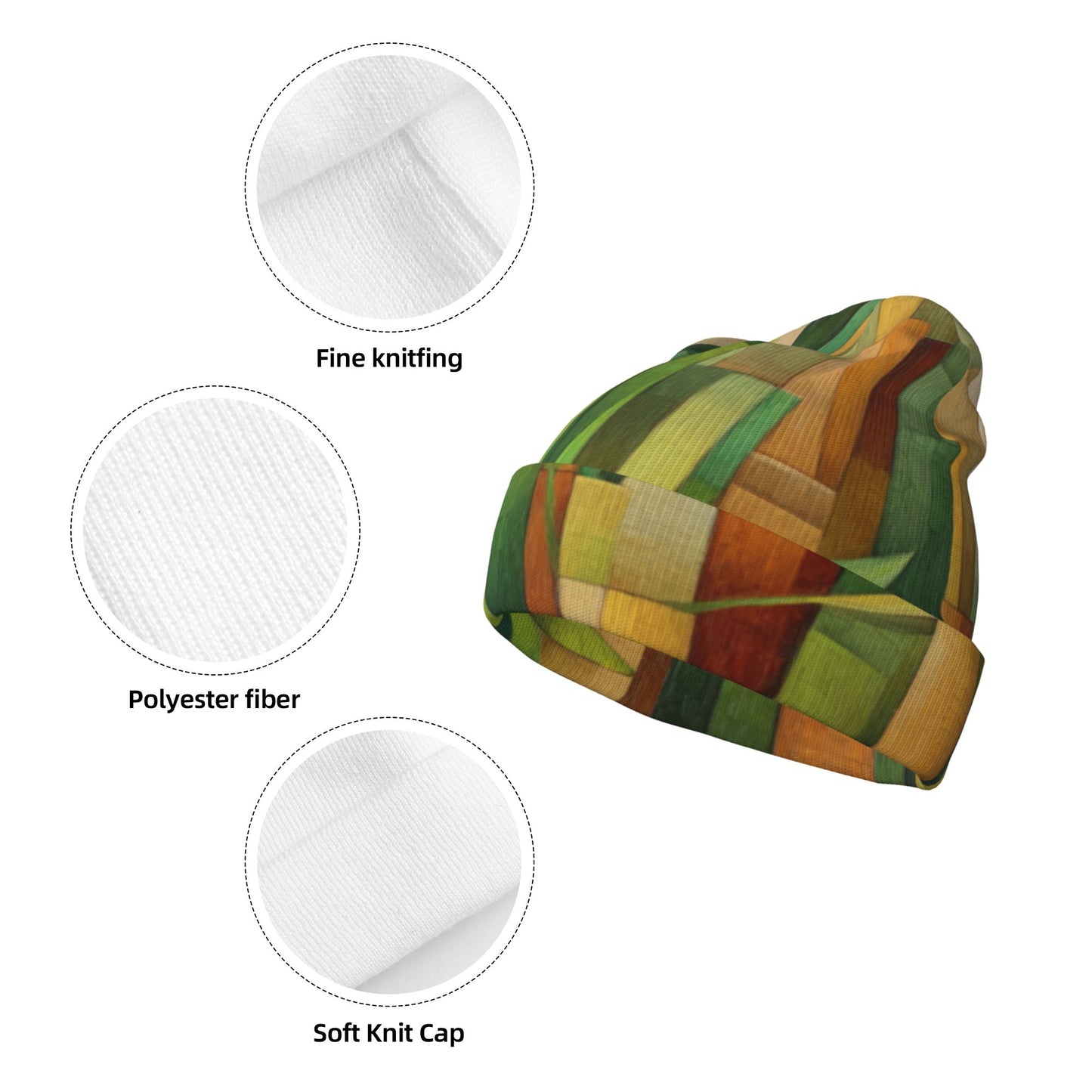 Abstract Patchwork Art Printed Knit Beanie – Double-Layer Warm Winter Hat, Stretchable, Windproof & Comfortable for Men and Women
