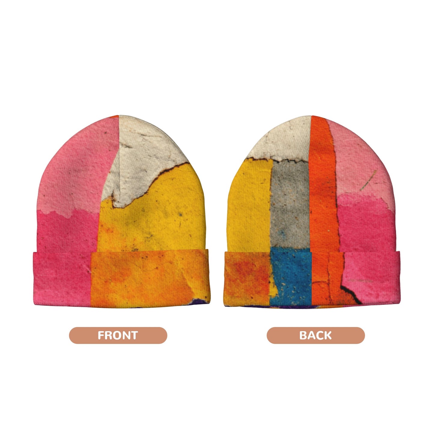 Color Block Knit Beanie – Double-Layer Warm Winter Hat, Abstract Art Print, Stretchable and Comfortable for Men and Women
