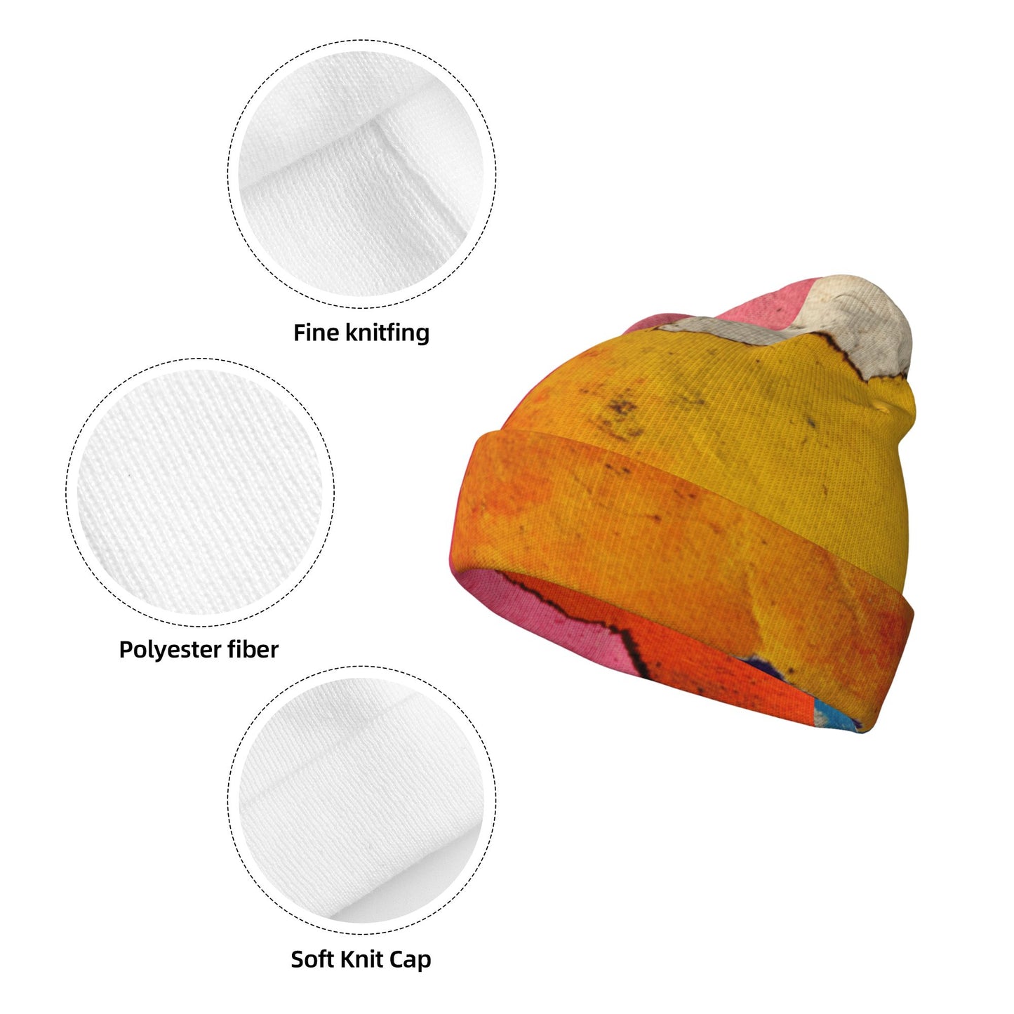 Color Block Knit Beanie – Double-Layer Warm Winter Hat, Abstract Art Print, Stretchable and Comfortable for Men and Women